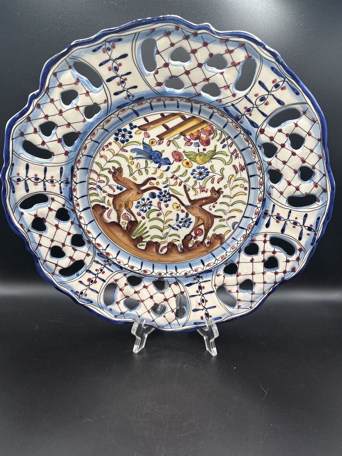 Ceramic. Portugal. Reticulated Border Garden Scene Plate. 12&quot;W