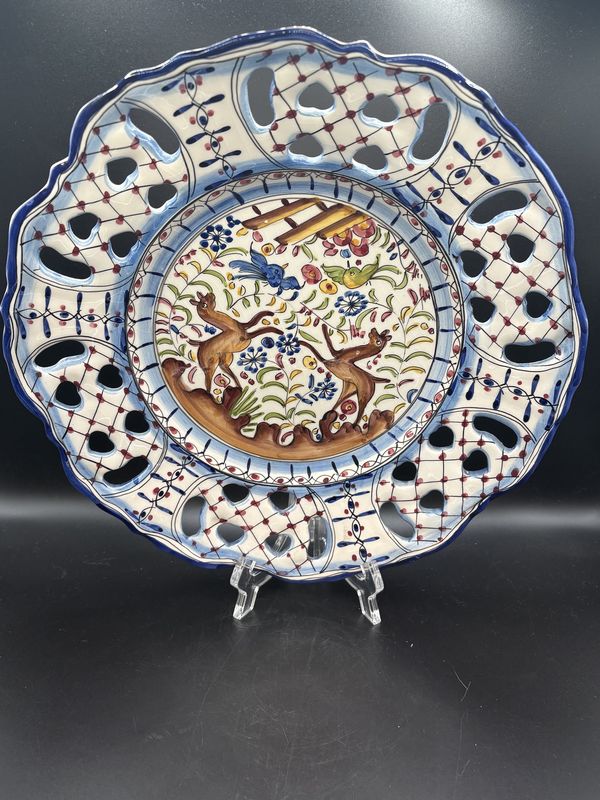 Ceramic. Portugal. Reticulated Border Garden Scene Plate. 12&quot;W