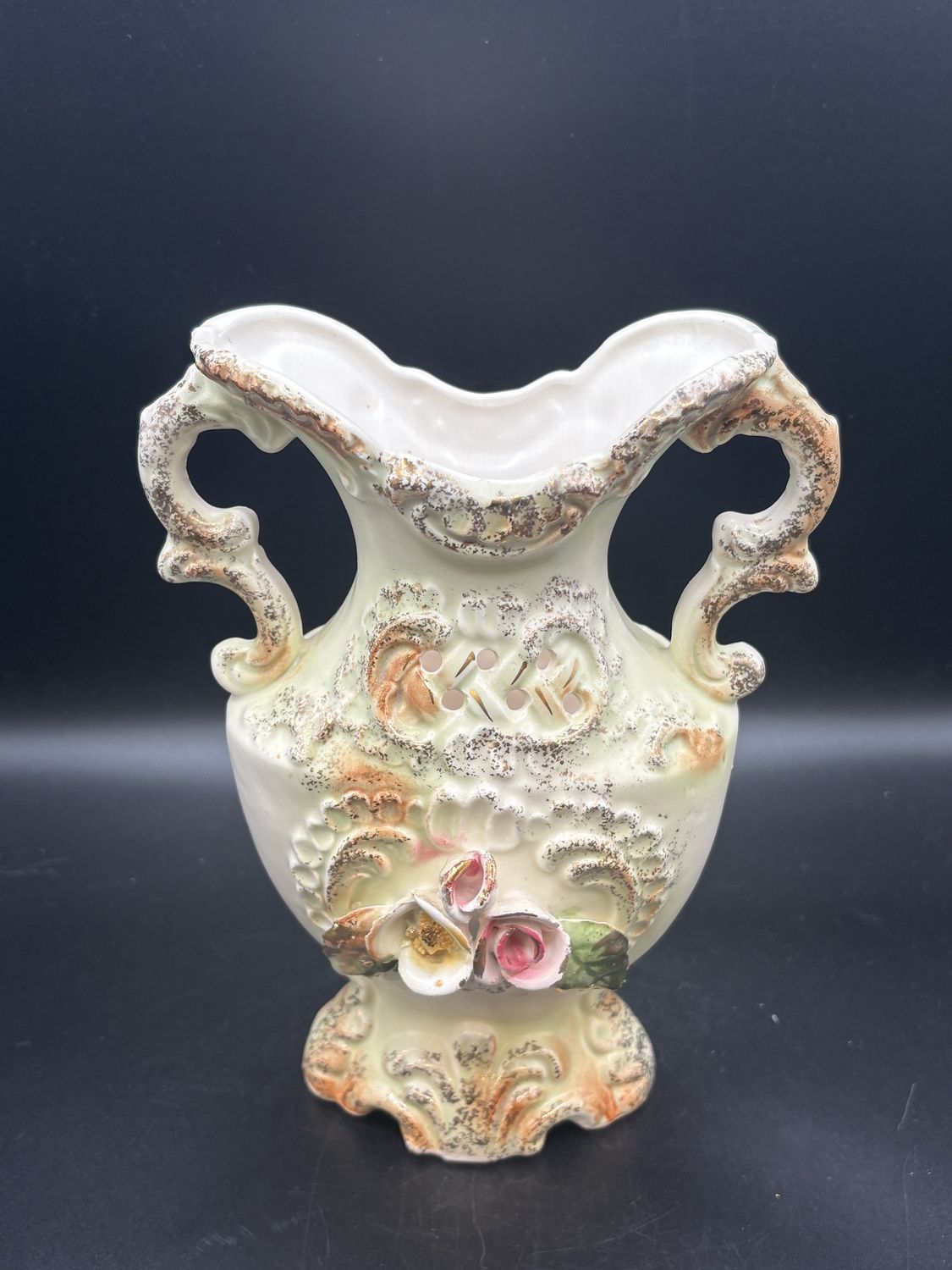 Porcelain. Ornate Vase with Flower Motif. Antique. 7.5&quot;H