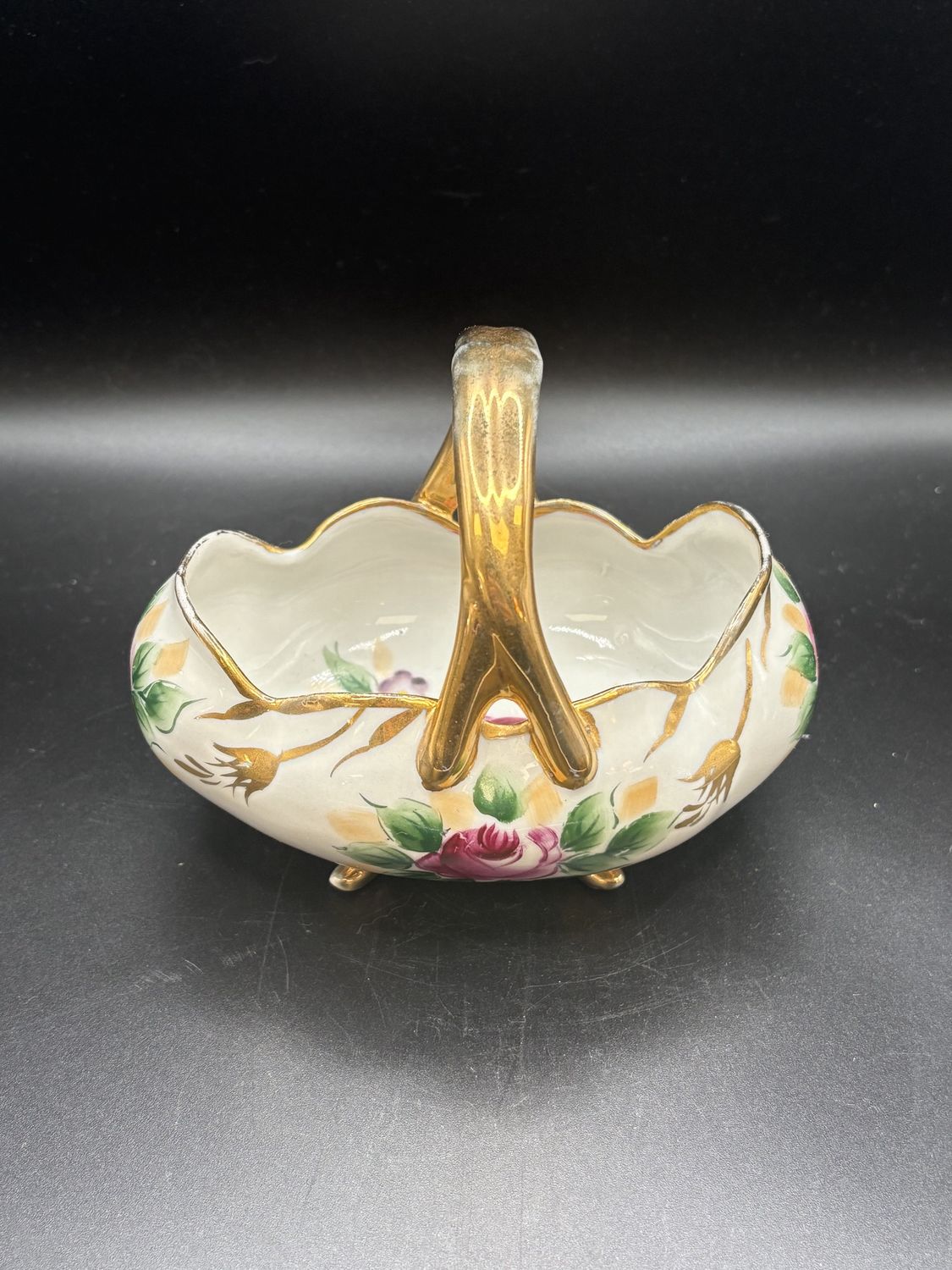 Porcelain. Japan. Basket with Gold Trim and Floral Design. 5.5&quot;L x  4&quot;W