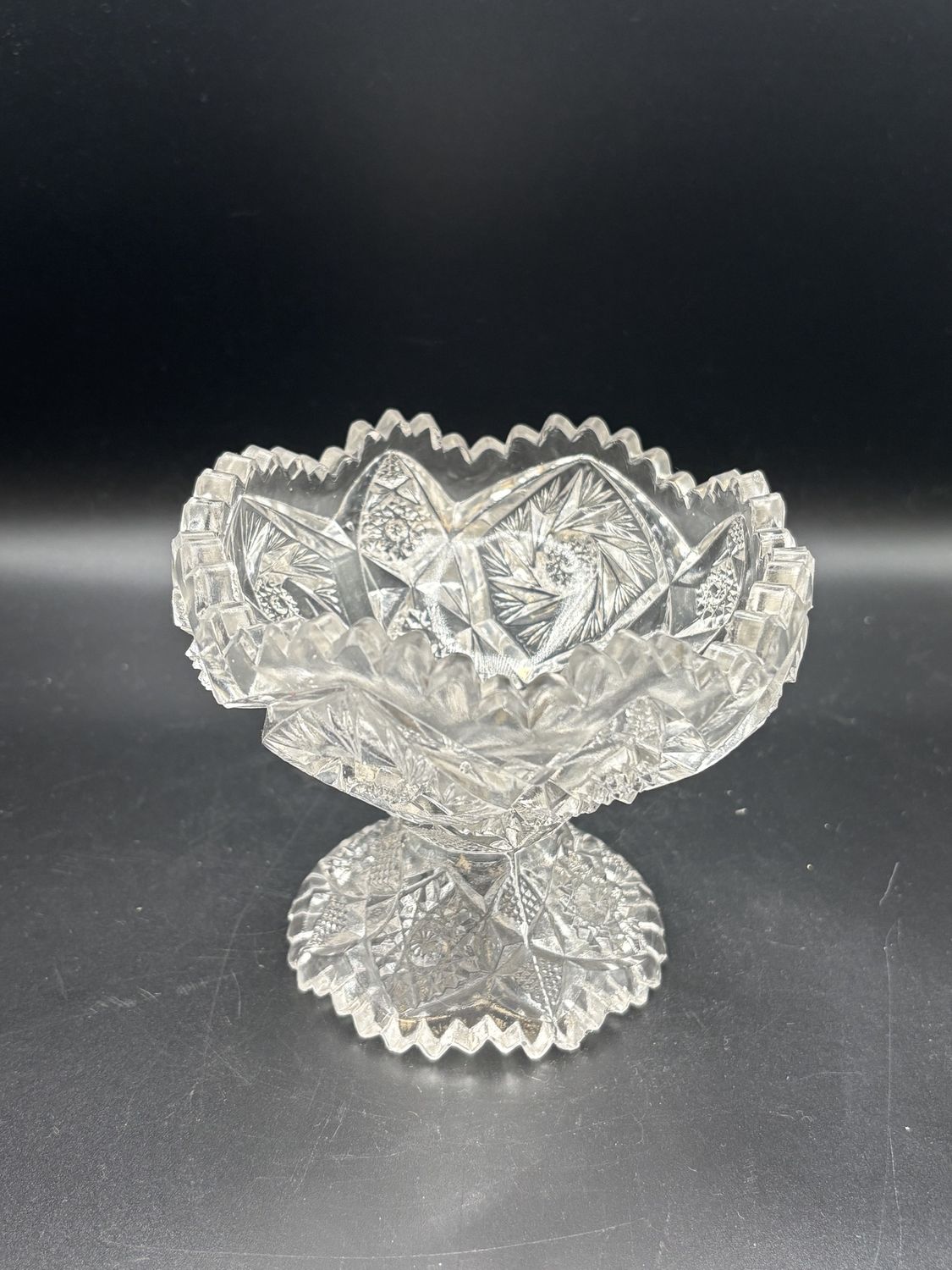 Glass. Nucut. &quot;American Brilliant&quot; Cut Glass Compote. Clear. 4.75&quot;W x 4&quot;H