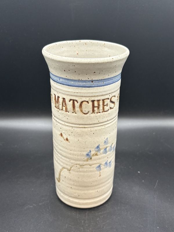 Stoneware. USA. Fireplace Match Holder. Signed. 7.5&quot;H