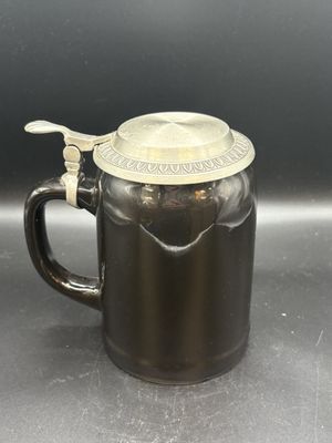 Stein. Black Ceramic Beer Stein w/ Pewter Lid. Engraved w/"DON'T TOUCH". 6"H