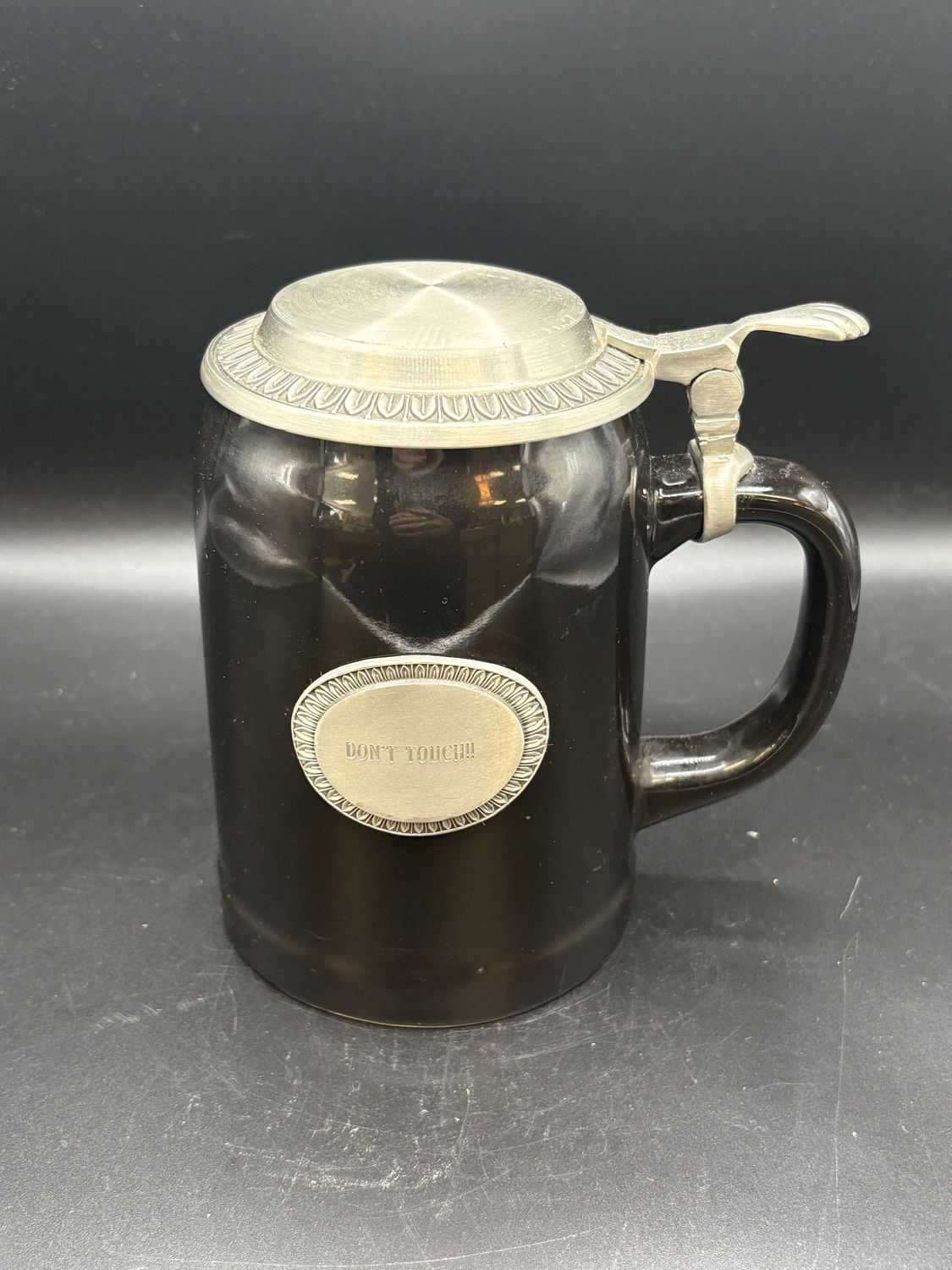 Stein. Black Ceramic Beer Stein w/ Pewter Lid. Engraved w/&quot;DON&#39;T TOUCH&quot;. 6&quot;H