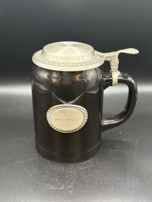 Stein. Black Ceramic Beer Stein w/ Pewter Lid. Engraved w/&quot;DON&#39;T TOUCH&quot;. 6&quot;H