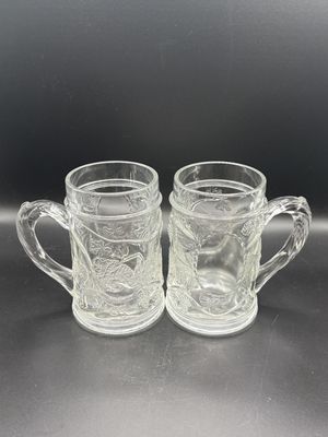 Stein. Clear Glass Mugs w/ Grapevine Pattern. Set of 2. 5"H