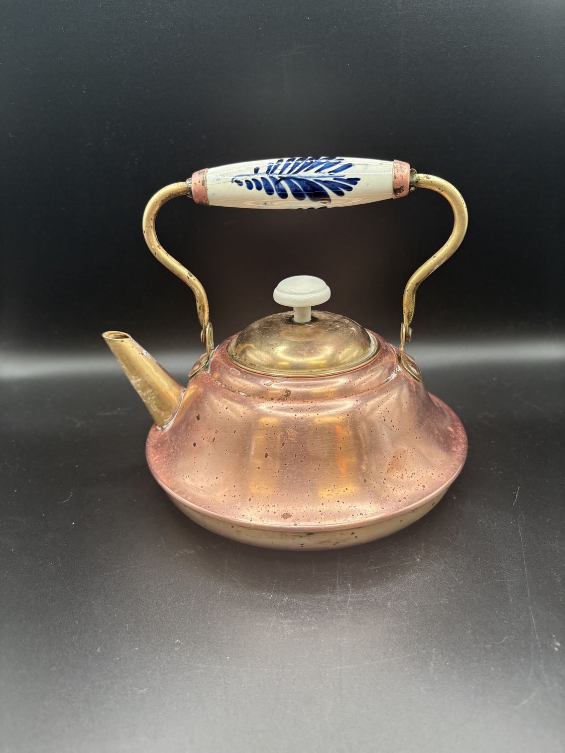 Kitchen Misc. Holland. Copper Tea Kettle w/ Porcelain Handle. Vintage. 8&quot;H