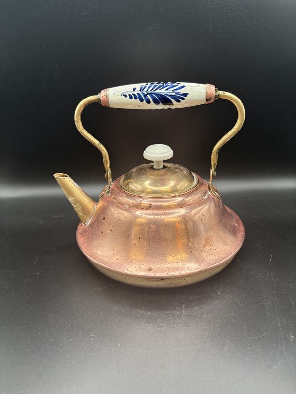 Kitchen Misc. Holland. Copper Tea Kettle w/ Porcelain Handle. Vintage. 8&quot;H