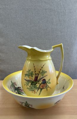 Ceramic. England. Bristol. Wash Basin Set. Yellow with Bird Motif.  Bowl is 15.5"W. Pitcher is 12"H