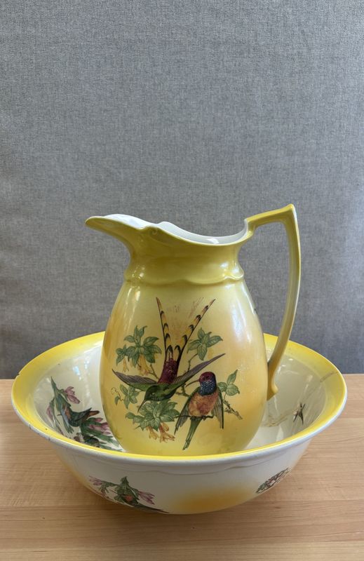 Ceramic. England. Bristol. Wash Basin Set. Yellow with Bird Motif.  Bowl is 15.5&quot;W. Pitcher is 12&quot;H