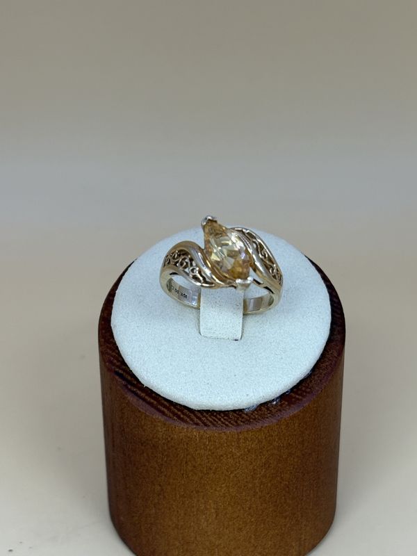 Jewelry. Diamonique. Ring. 10K Gold with Simulated Citrine Marquis Stone. Filigree Band. Size 7.75