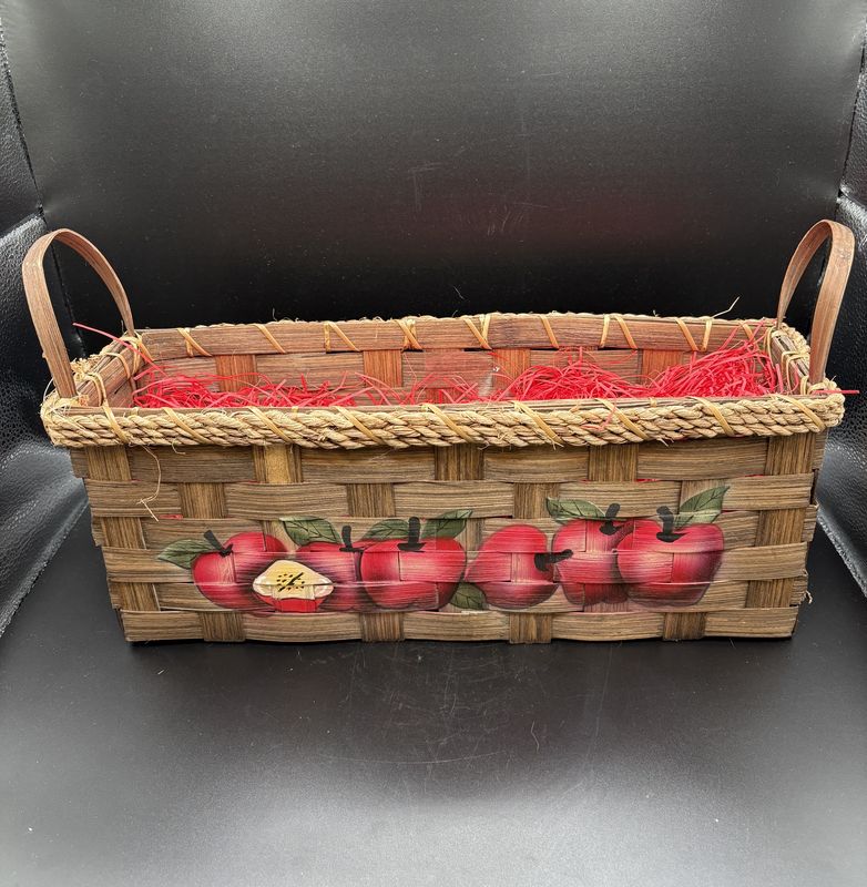 Basket. Two-handled Brown Weave w/ Hand-painted Red Apples on the Front. 14.5&quot;W x 4&quot;L x 6&quot;H