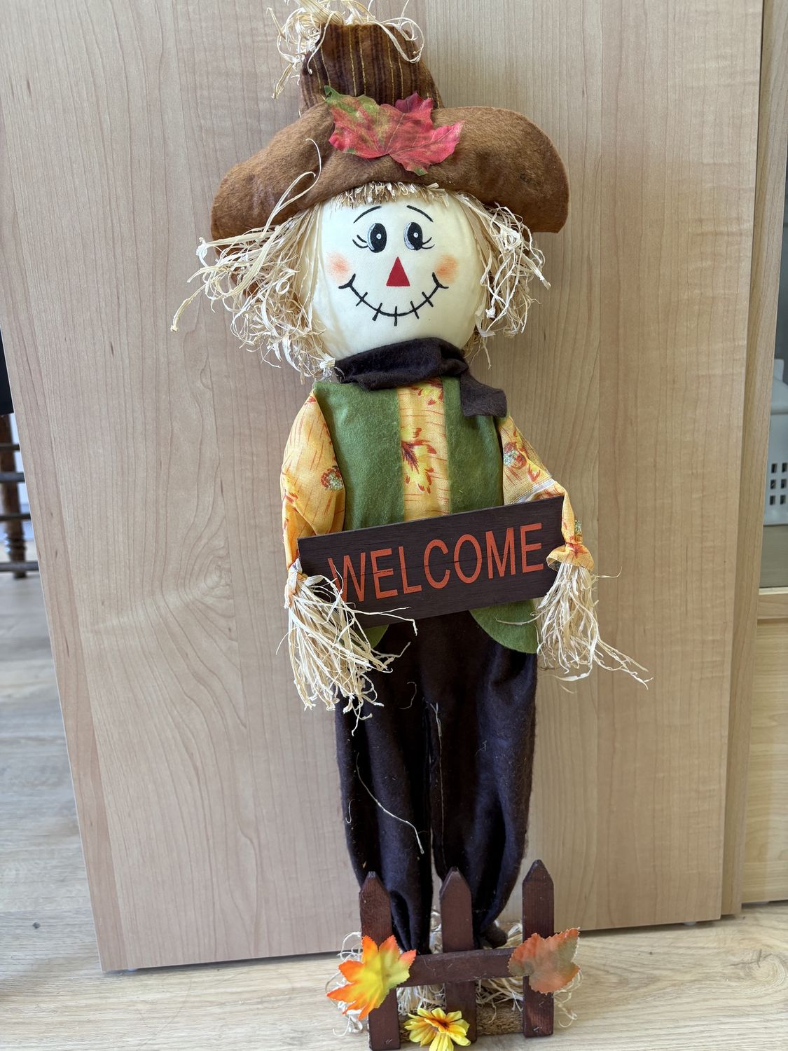 Home Decor. Scarecrow w/ Green Vest Holding &quot;Welcome&quot; Sign. 24&quot;H