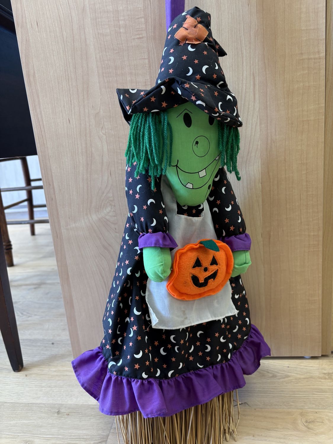 Home Decor. Purple Broom w/ Green Witch Holding Pumpkin and Black Dress w/ Stars and Moon Pattern. 40&quot;H