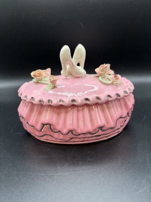Boxes. Pink Ruffled Trinket Box w/ Ballet Shoes and Roses on Lid. 5"H