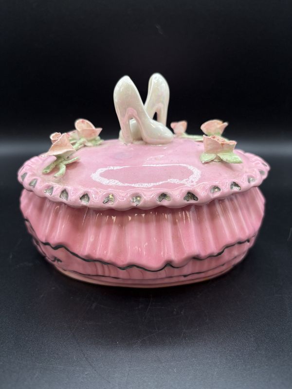 Boxes. Pink Ruffled Trinket Box w/ Ballet Shoes and Roses on Lid. 5"H