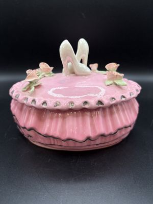 Boxes. Pink Ruffled Trinket Box w/ Ballet Shoes and Roses on Lid. 5"H