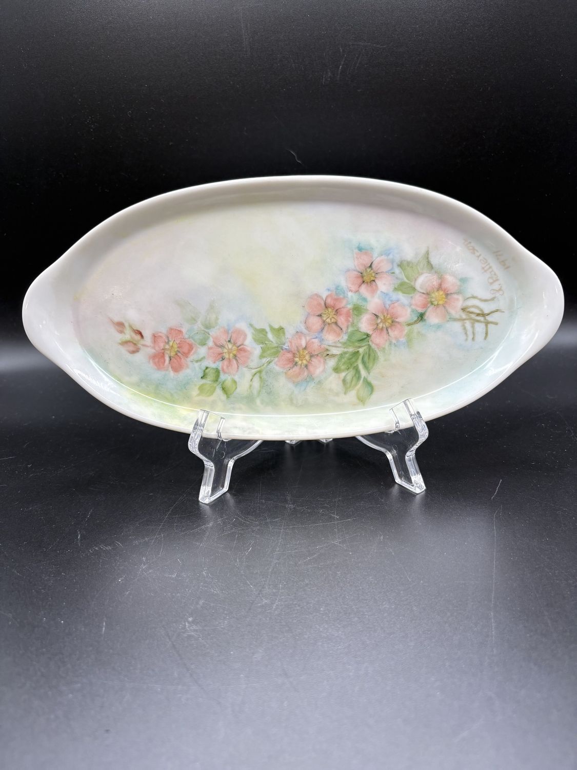 Porcelain. Germany. White Serving Platter w/ Hand Painted Pink Flowers. 9&quot;L