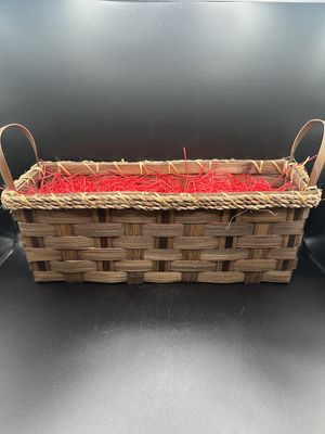 Basket. Two-handled Brown Weave w/ Hand-painted Red Apples on the Front. 14.5"W x 4"L x 6"H