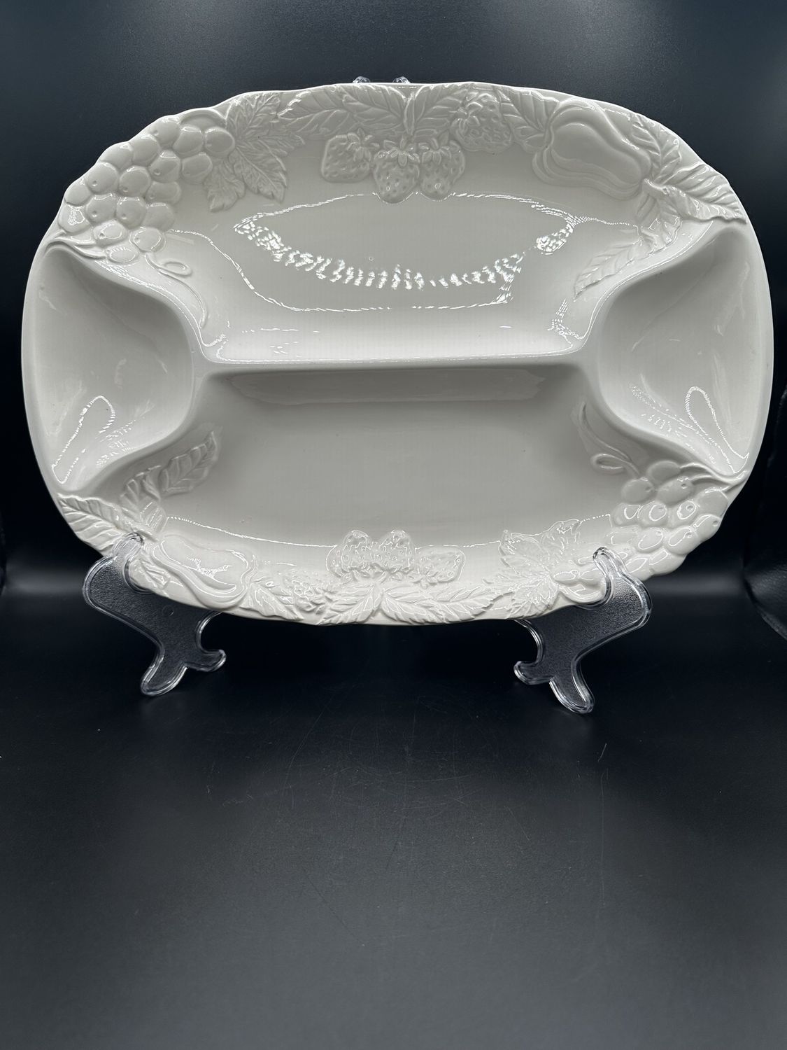 Ceramic. Japan. Himark. Divided Hostess Platter w/ Fruit Motif. White. 14&quot;W x 10&quot;L