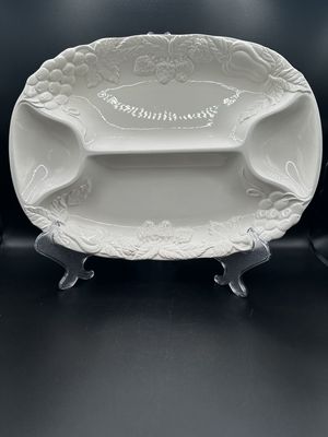 Ceramic. Japan. Himark. Divided Hostess Platter w/ Fruit Motif. White. 14"W x 10"L