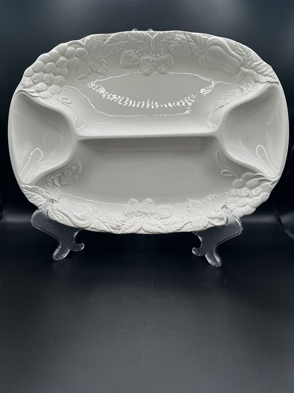 Ceramic. Japan. Himark. Divided Hostess Platter w/ Fruit Motif. White. 14&quot;W x 10&quot;L