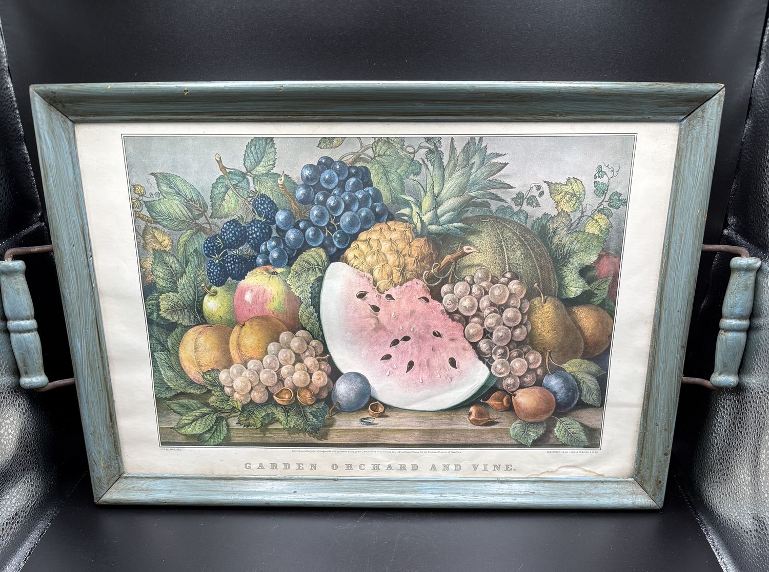 Kitchen Misc. USA.  Currier &amp; Ives. Tray. Two-handled Wood Tray w/Vintage Print on Base. 19.75&quot;L x 11.50&quot;W