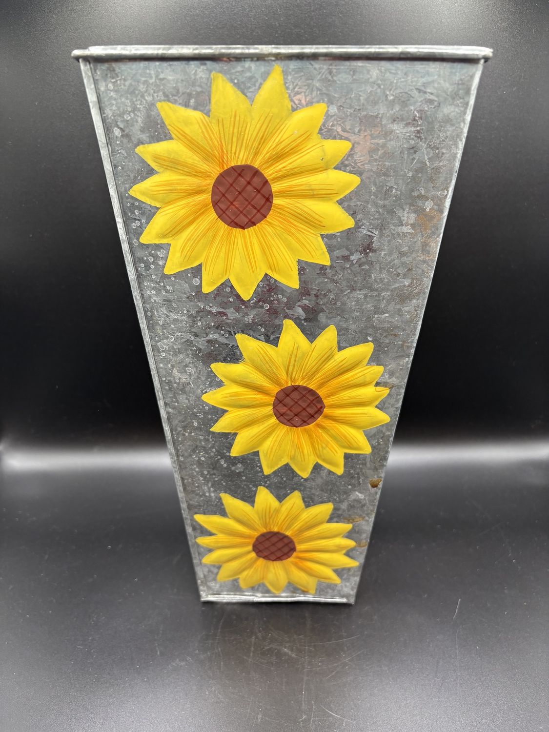 Vase. Aluminum Container for Dried or Artificial Flowers. Decorated w/Sunflower Images. 12&quot;H