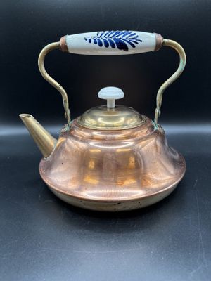 Kitchen Misc. Holland. Copper &amp; Brass Tea Kettle w/ Porcelain Handle. Vintage. 8"H