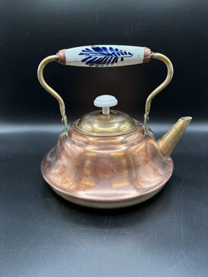 Kitchen Misc. Holland. Copper &amp; Brass Tea Kettle w/ Porcelain Handle. Vintage. 8"H