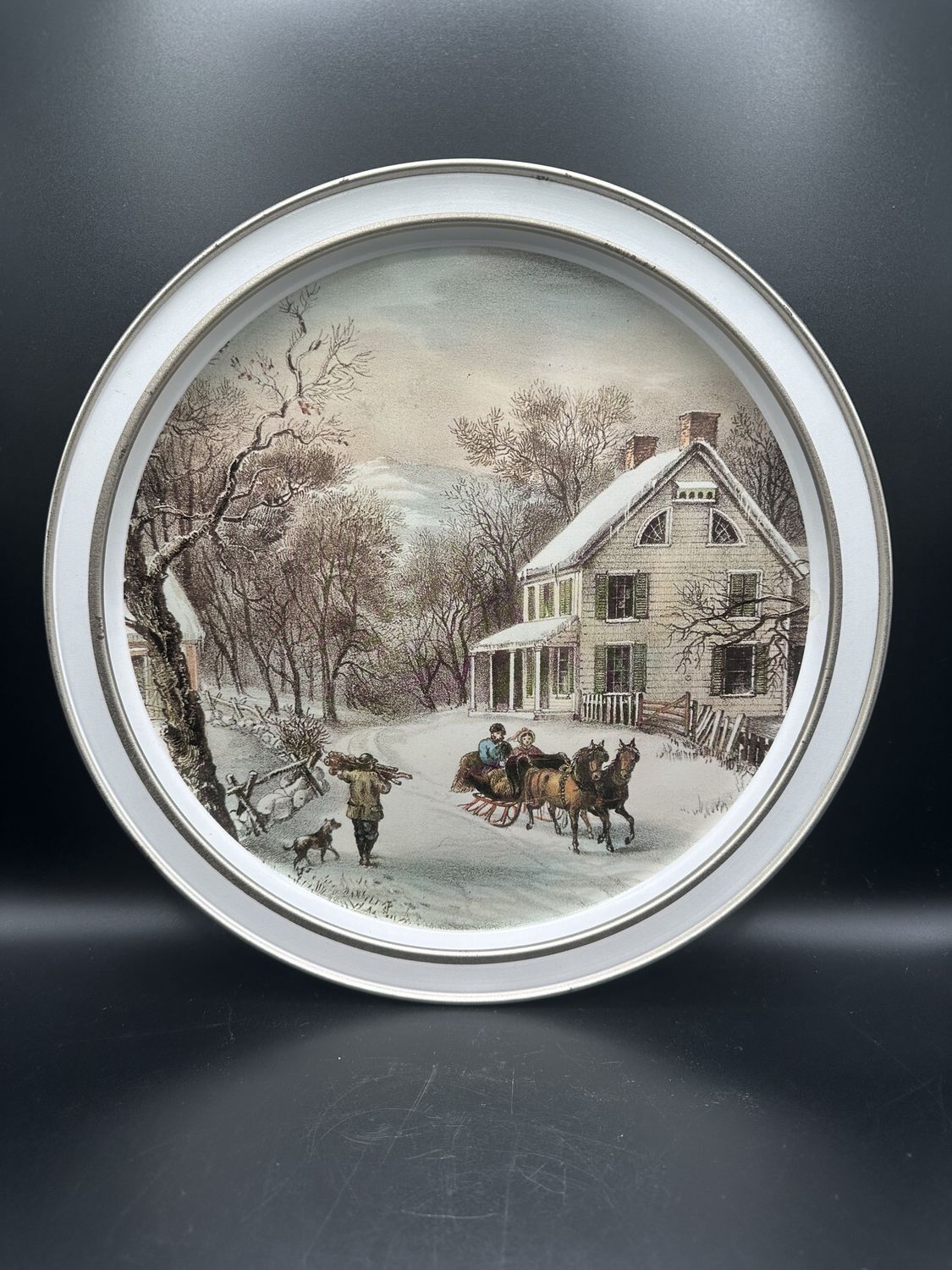 Kitchen Misc. USA. Currier &amp; Ives. Tray. Round Metal w/ &quot;The American Homestead-Winter&quot; Image. 11.75&quot;W
