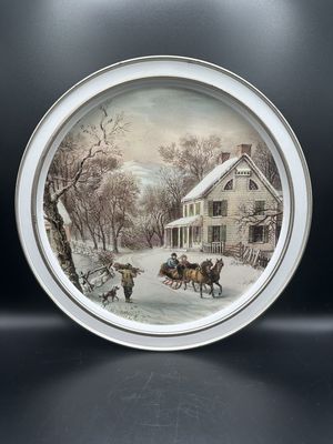 Kitchen Misc. USA. Currier &amp; Ives. Tray. Round Metal w/ "The American Homestead-Winter" Image. 11.75"W
