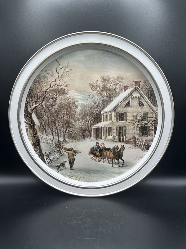 Kitchen Misc. USA. Currier &amp; Ives. Tray. Round Metal w/ &quot;The American Homestead-Winter&quot; Image. 11.75&quot;W
