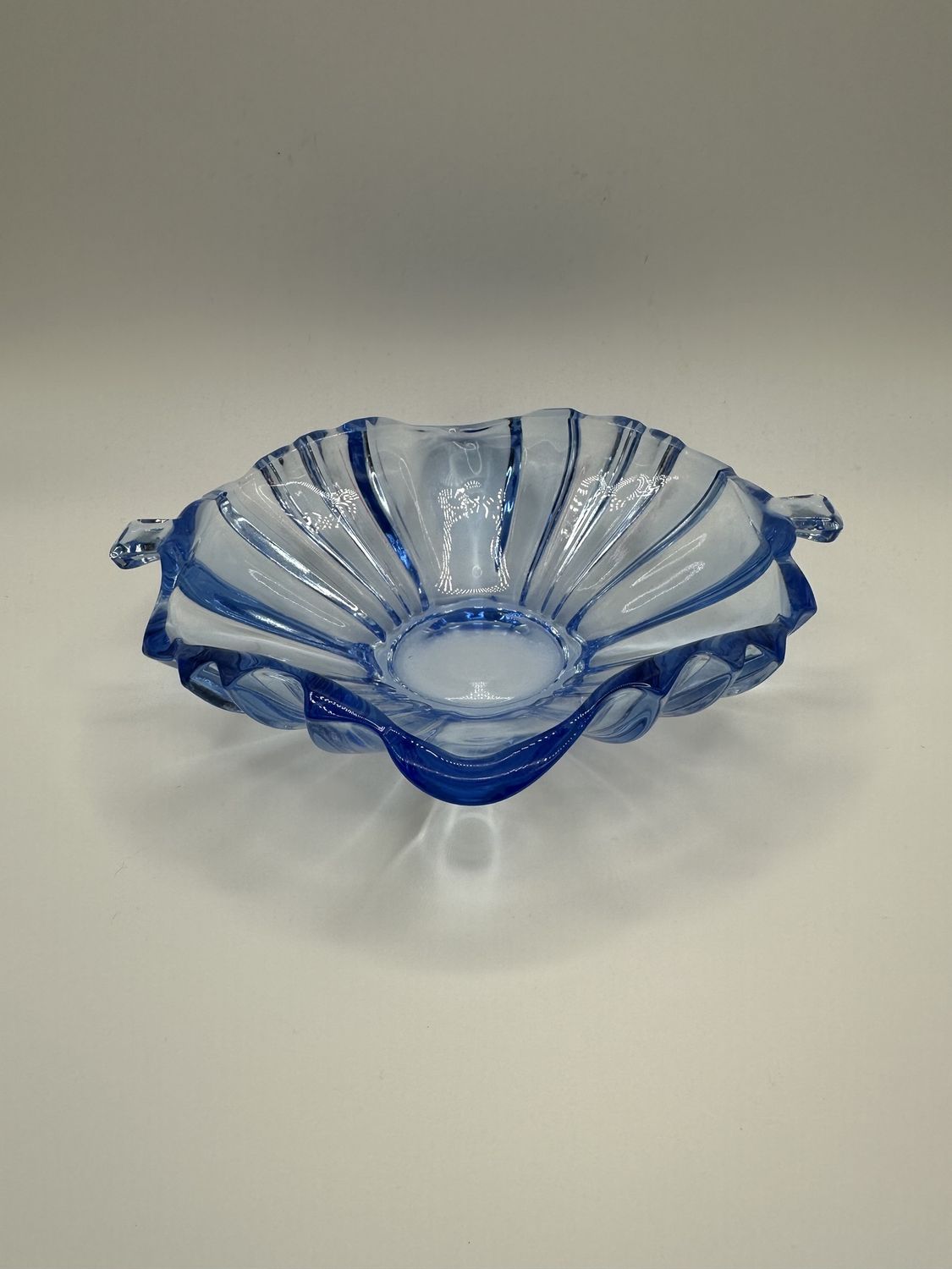 Glass. Blue Depression Glass Bowl with Handles. 7.5&quot;L x 7&quot;W