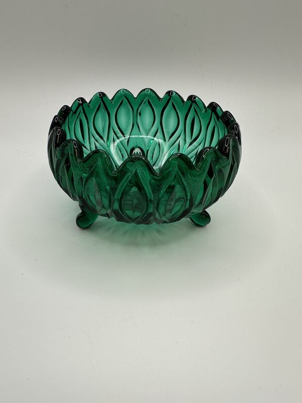 Glass. Norway. Teal Green Three-Footed Dish. 2.5&quot;H