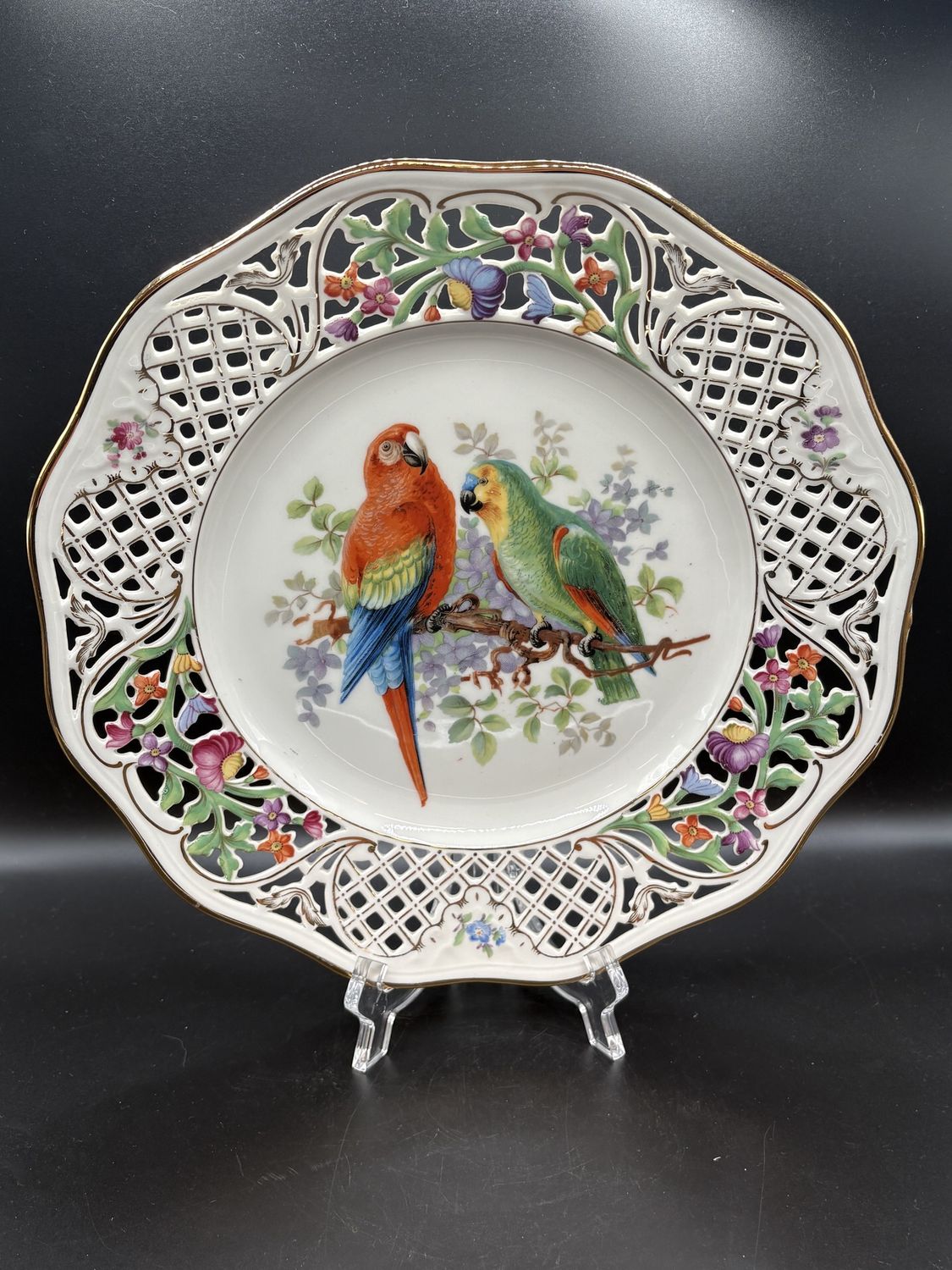 Porcelain. Germany. Schumann Bavaria. Pair of Reticulated Plates. Birds with Floral Design and Gold Trim. 11.25&quot;W