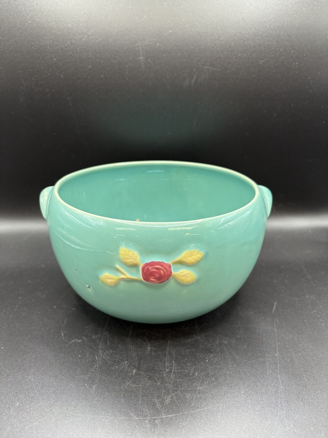 Ceramic. USA. Coors Pottery Rosebud Green Bowl. 7&quot;W