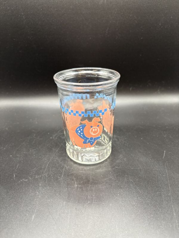 Glass. USA. Bama. Vintage Jelly Jar Juice Glass w/ Pig Design. 4&quot;H