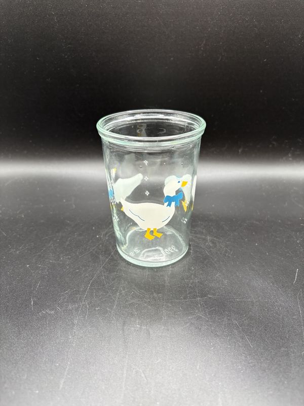 Glass. USA. Bama. Vintage Jelly Jar Juice Glass w/ White Goose Design. 4&quot;H