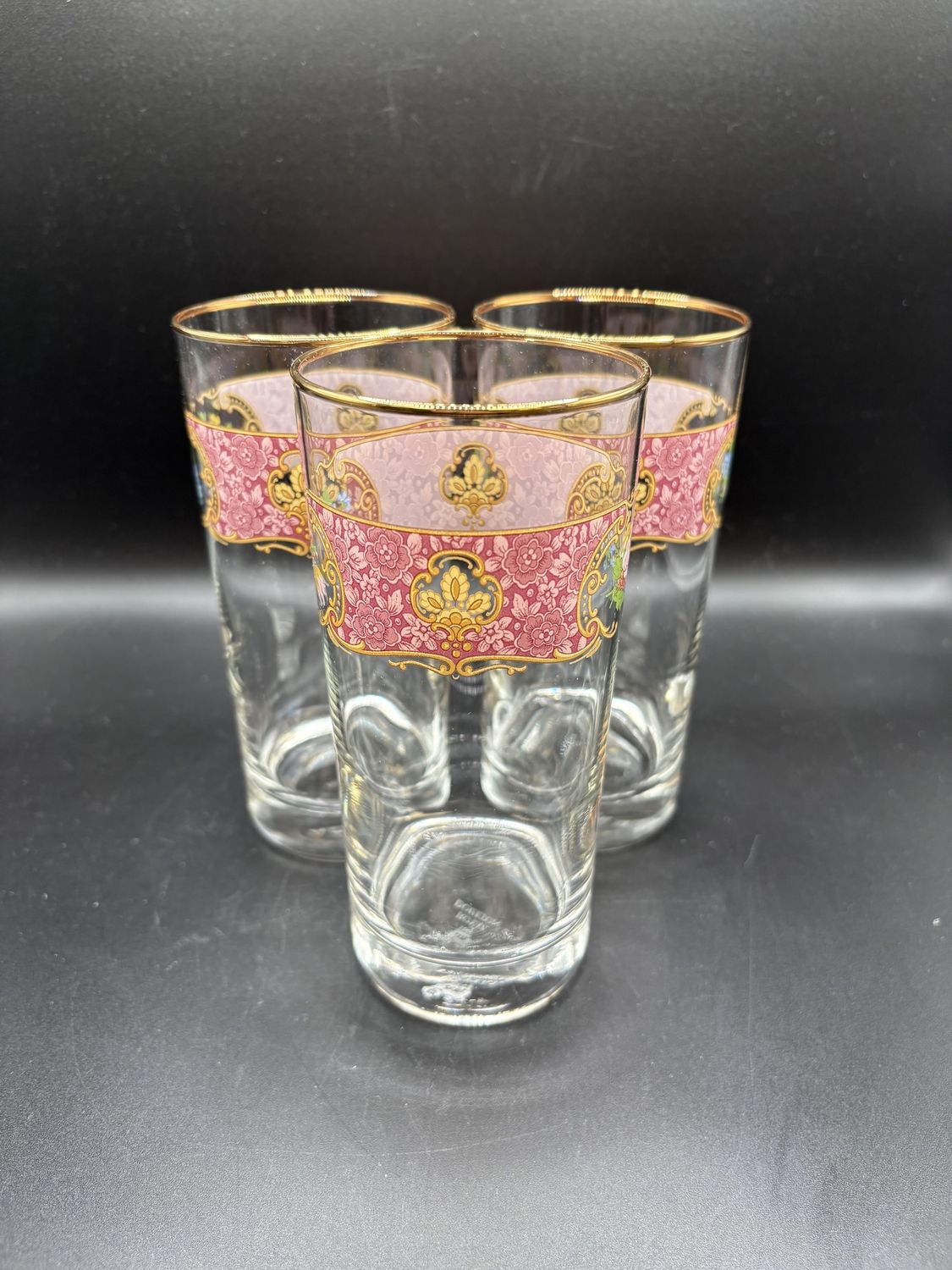 Glass. England. Royal Doulton. Lady Carlyle Pattern. Pink Floral Design w/Gold Trim (Set of 3). 6&quot;H