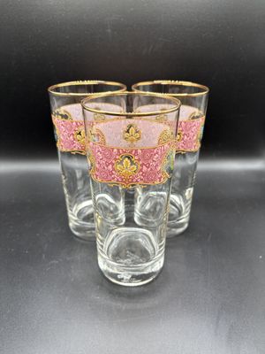 Glass. England. Royal Doulton. Lady Carlyle Pattern. Pink Floral Design w/Gold Trim (Set of 3). 6"H