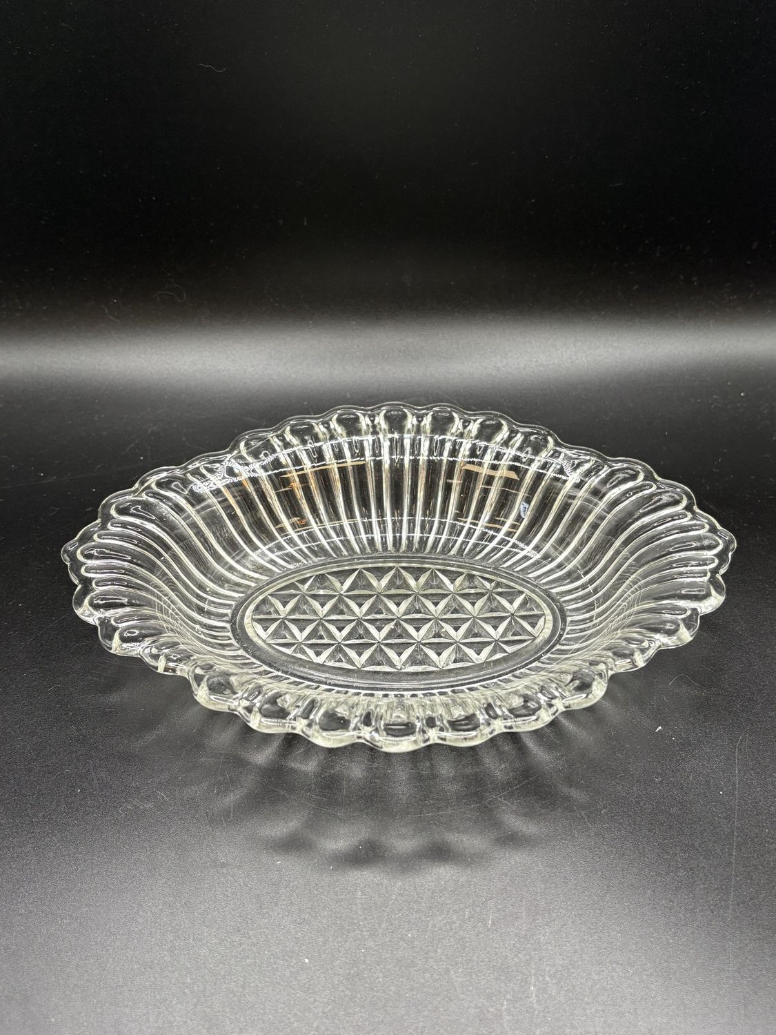 Glass. USA. Pressed Relish Dish with Ribbed Sides &amp; Scalloped Edge. 8&quot;L x 5&quot;W