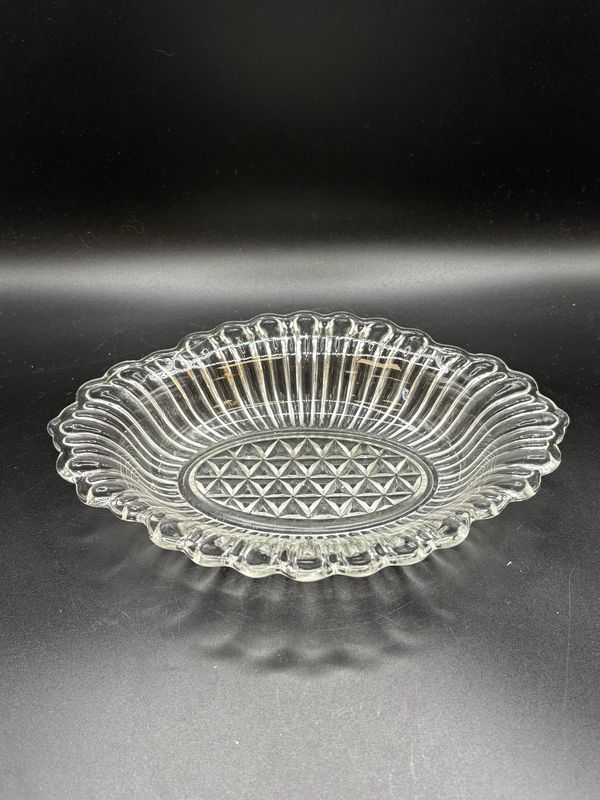 Glass. USA. Pressed Relish Dish with Ribbed Sides &amp; Scalloped Edge. 8&quot;L x 5&quot;W