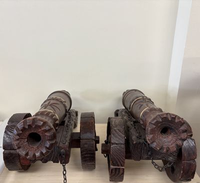 Decor. USA. Primitive Carved Wooden Cannon. 1950s. 11"H (Set of 2)