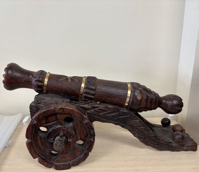 Decor. USA. Primitive Carved Wooden Cannon. 1950s. 11"H (Set of 2)