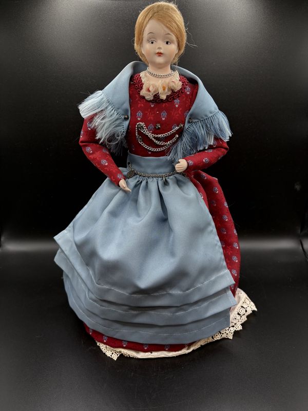 Doll (Tree Topper?). Porcelain Face &amp; Hands. Blonde Woman Wearing Burgundy &amp; Blue. 13&quot;H