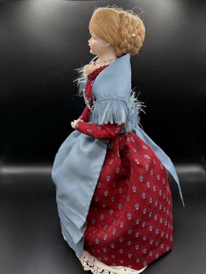 Doll (Tree Topper?). Porcelain Face &amp; Hands. Blonde Woman Wearing Burgundy &amp; Blue. 13"H
