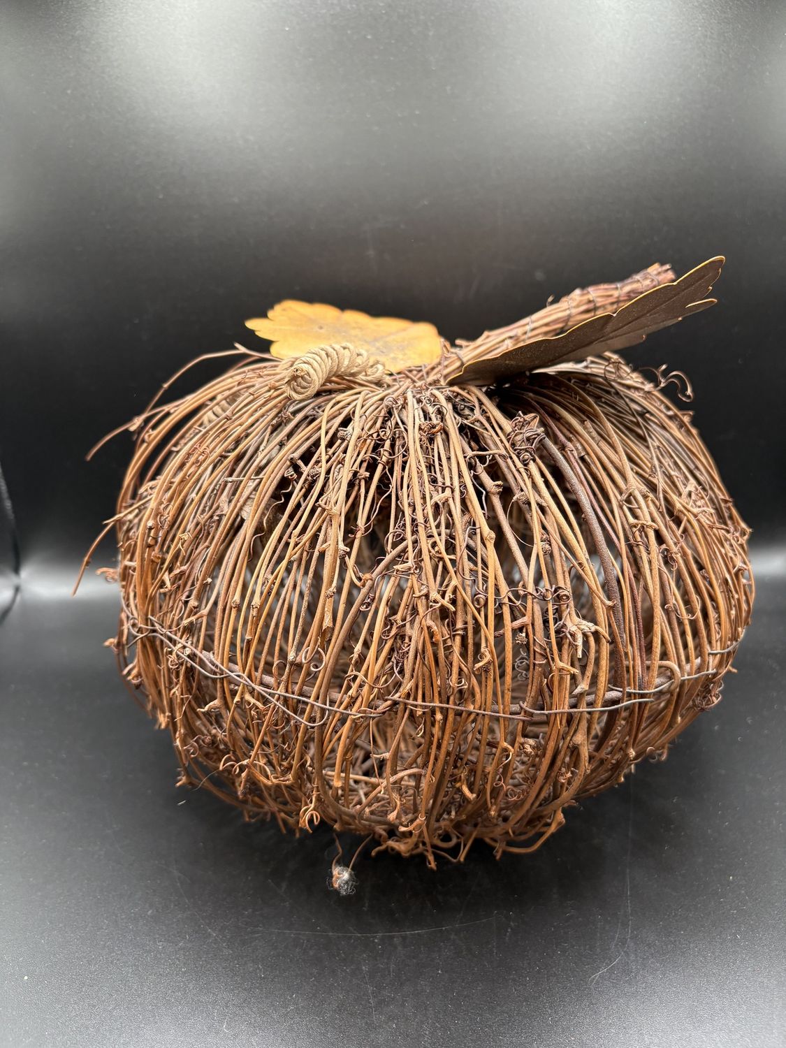 Home Decor. Woven Twig Pumpkin w/Metal Leaves. 9&quot;L x 8&quot;H