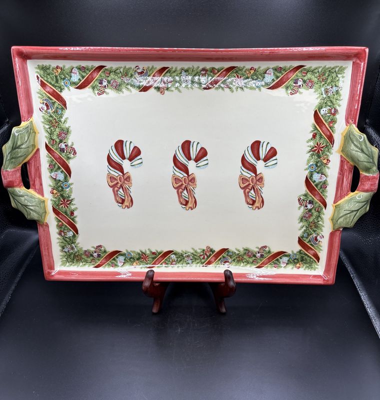 Ceramic. Portugal. Christopher Radko. &quot;Christopher&#39;s Tree&quot; Handled Serving Platter. 15&quot;L x 11&quot;W