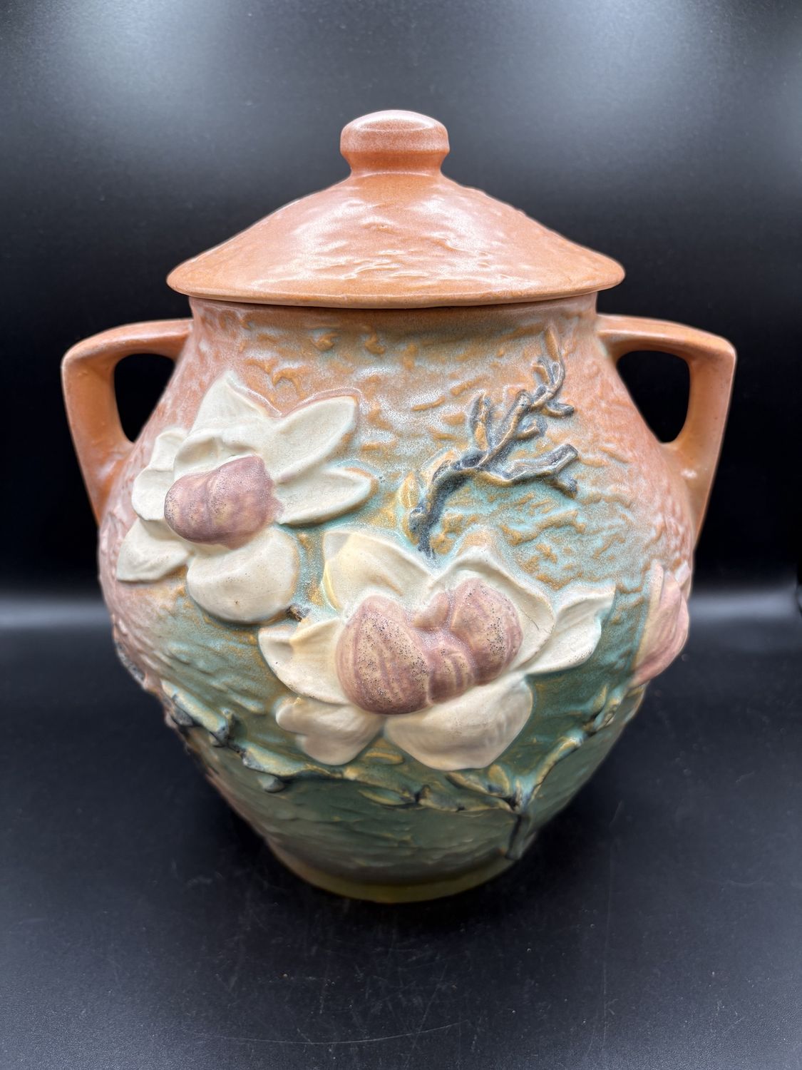 Pottery. USA. Roseville. Magnolia Cookie Jar. 9&quot;L x 11&quot;H